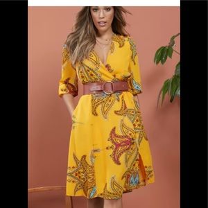 Women’s faux wrap midi dress. Sunny yellow. Size M